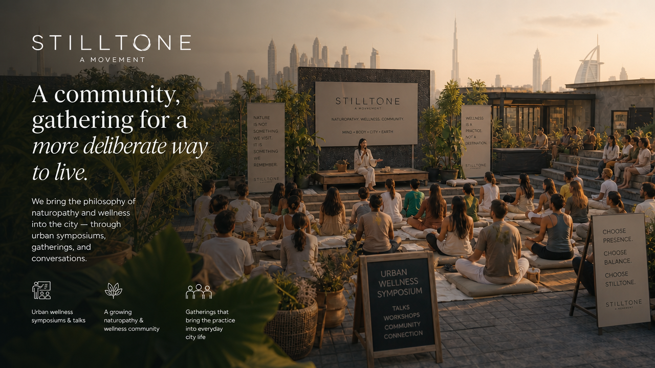 Stilltone urban wellness symposium — a community gathering on a rooftop at sunset